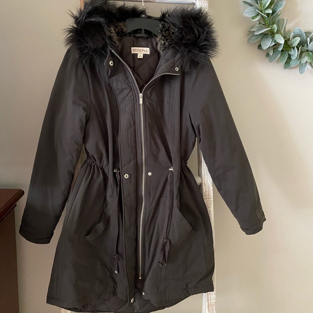 NWOT Charcoal Gray Fur Hood Coat